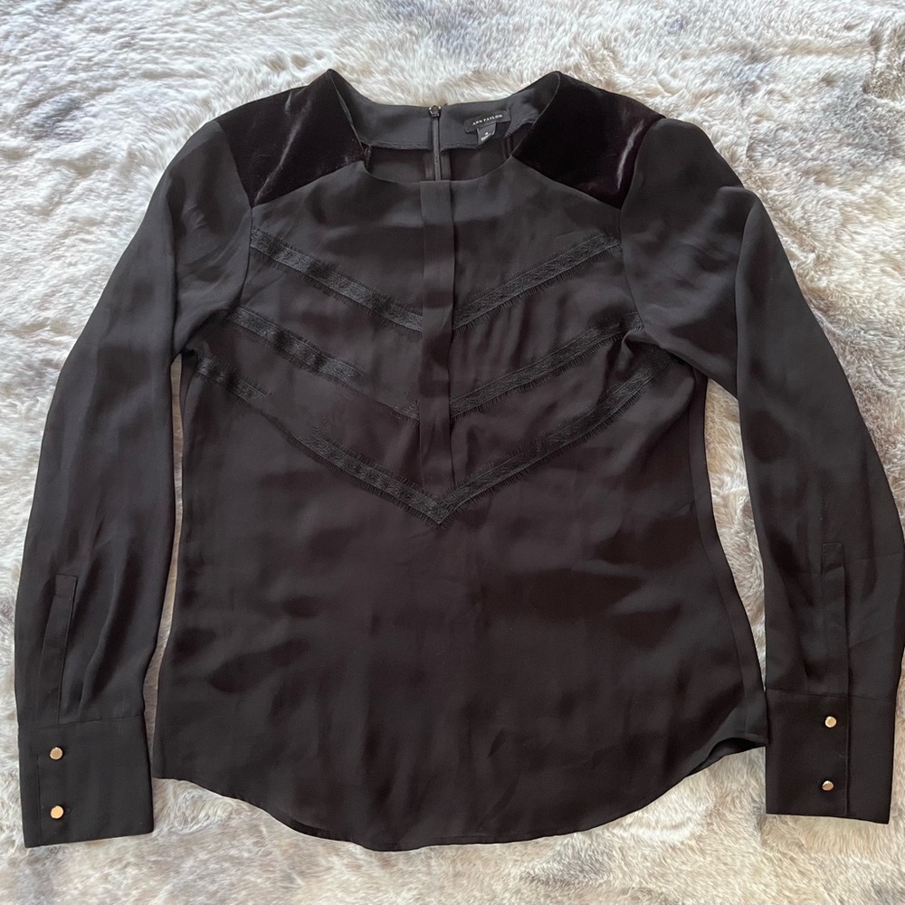 Ann Taylor Black Blouse with Velvet and Lace Accents
